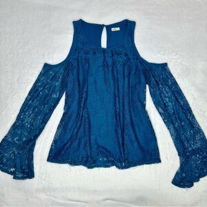 Y2K Hollister Dark Teal Blue Lace Cold Shoulder Blouse w/ Long Bell Sleeves, XS